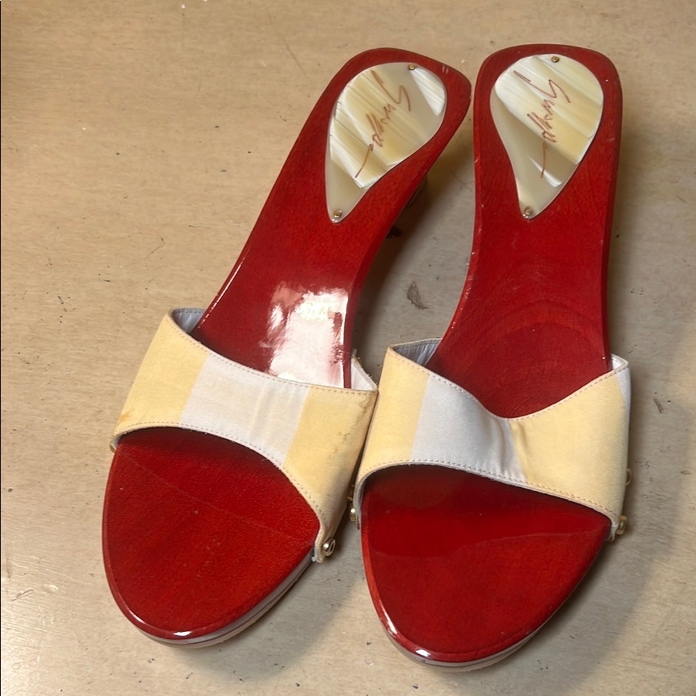 Women's Red Slide Mules with Cream Straps